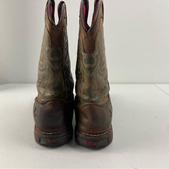 Rocky Kids 4M Long Range Western‎ Boot Brown/Green Leather Square Toe Farm Barn - Picture 4 of 13